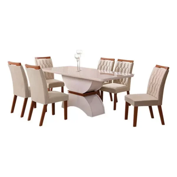 Conjunto de Sala de Jantar Mesa com 6 Cadeiras Atenas Leifer Off/Imbuia/Off White/Veludo Palha - Image 2
