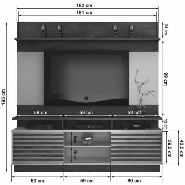 Estante home theater para tv até 60'' com suporte para tv, luminária de led, plenus valdemóveis - Image 5
