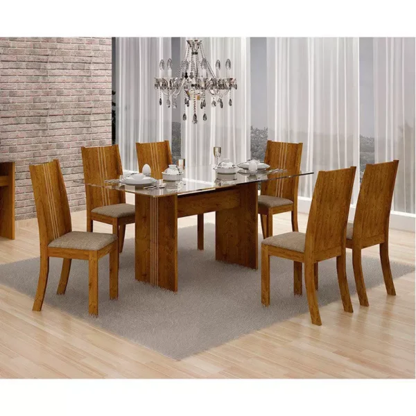 Conjunto de Sala de Jantar Mesa Havaí com 6 Cadeiras Vitória Leifer Canela/Linho Bege