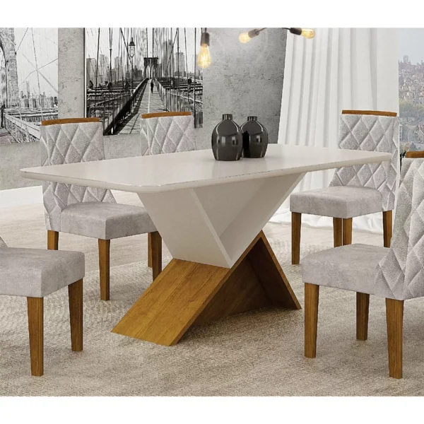 Conjunto Sala de Jantar Mesa 160cm 6 Cadeiras Pérola Leifer Freijó/Off White - Image 3