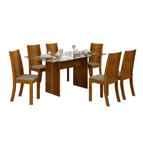 Conjunto de Sala de Jantar Mesa Havaí com 6 Cadeiras Vitória Leifer Canela/Linho Bege - Image 2