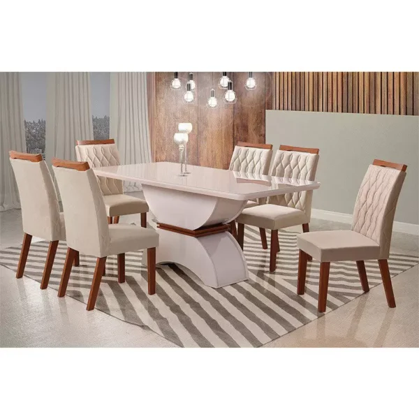 Conjunto de Sala de Jantar Mesa com 6 Cadeiras Atenas Leifer Off/Imbuia/Off White/Veludo Palha