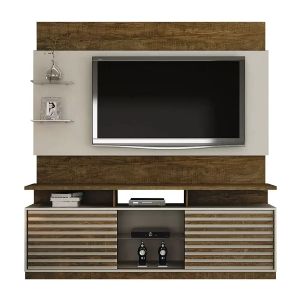Rack Bancada Roma com Painel Turin para TV até 65" ValdeMóveis Off-White/Ipê