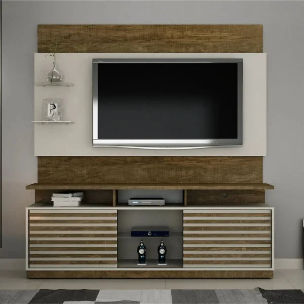 Rack Bancada Roma com Painel Turin para TV até 65" ValdeMóveis Off-White/Ipê - Image 3