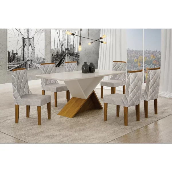 Conjunto Sala de Jantar Mesa 160cm 6 Cadeiras Pérola Leifer Freijó/Off White