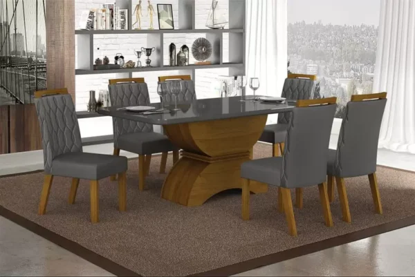 Sala de Jantar Completa com 6 Cadeiras Tampo Chumbo 1,80x0,90m - Atenas - Leifer Móveis