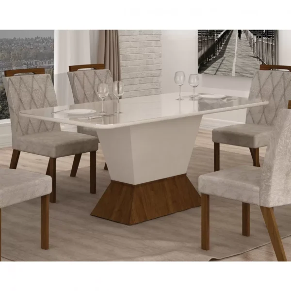 Conjunto Sala de Jantar Mesa Tampo MDF/Vidro e 6 Cadeiras Esmeralda Leifer Ypê
